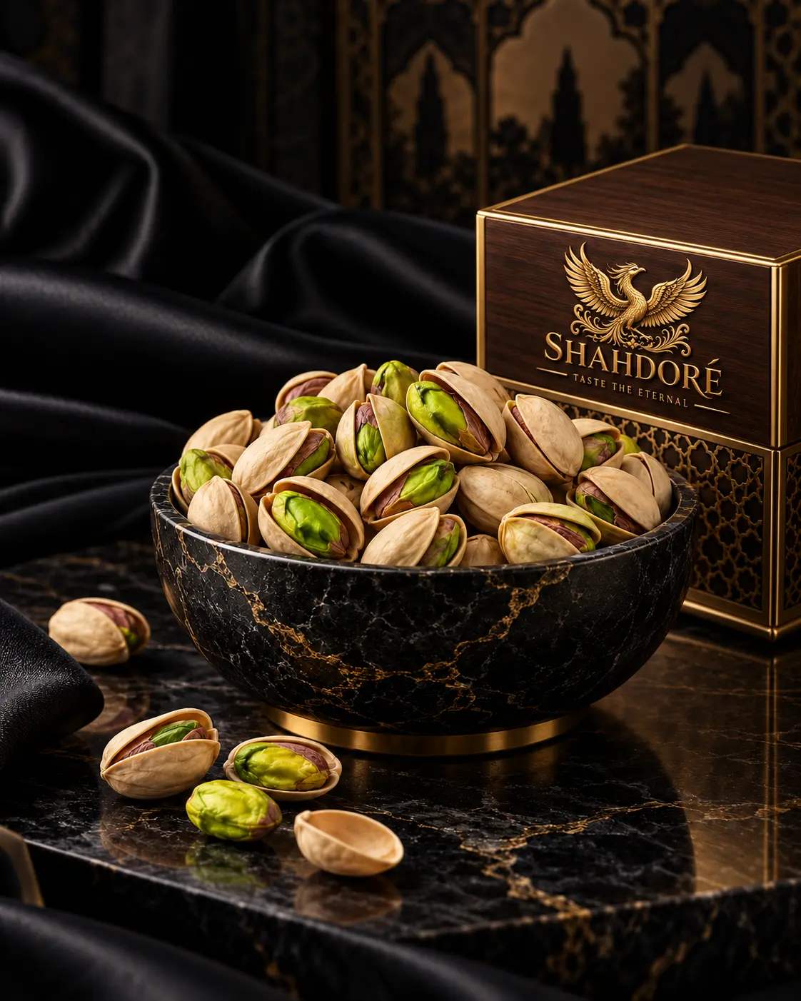 Premium Iranian pistachios in a black stone bowl