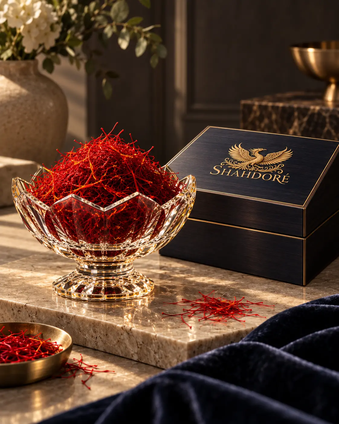 Premium Iranian saffron in a crystal vessel